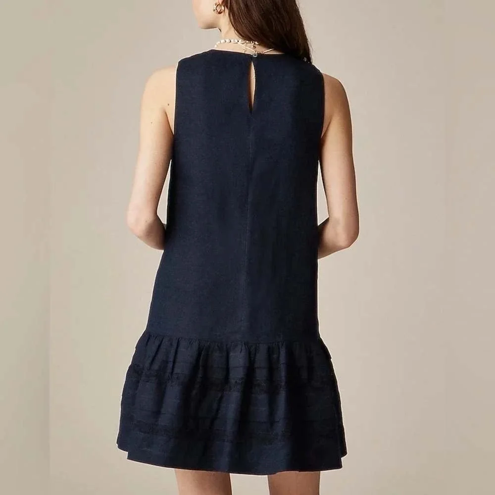 J. Crew Black Large Sleeveless Maxine ruffle-trim Shift‎ dress Linen Sz L NWT